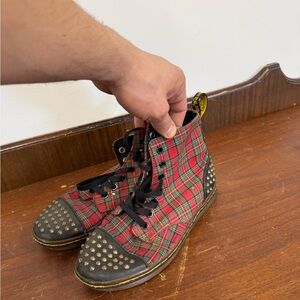 Dr. Martens Red Plaid High-Tops with Gold Studs